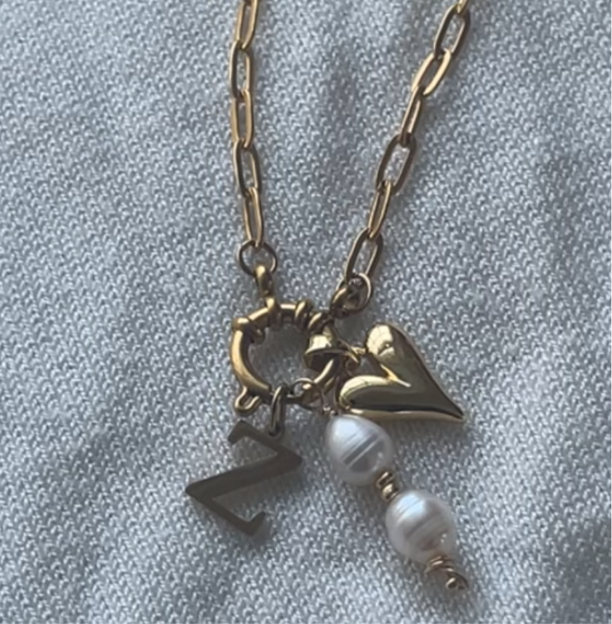 Momento Necklace: custom initial, pearls, & heart
