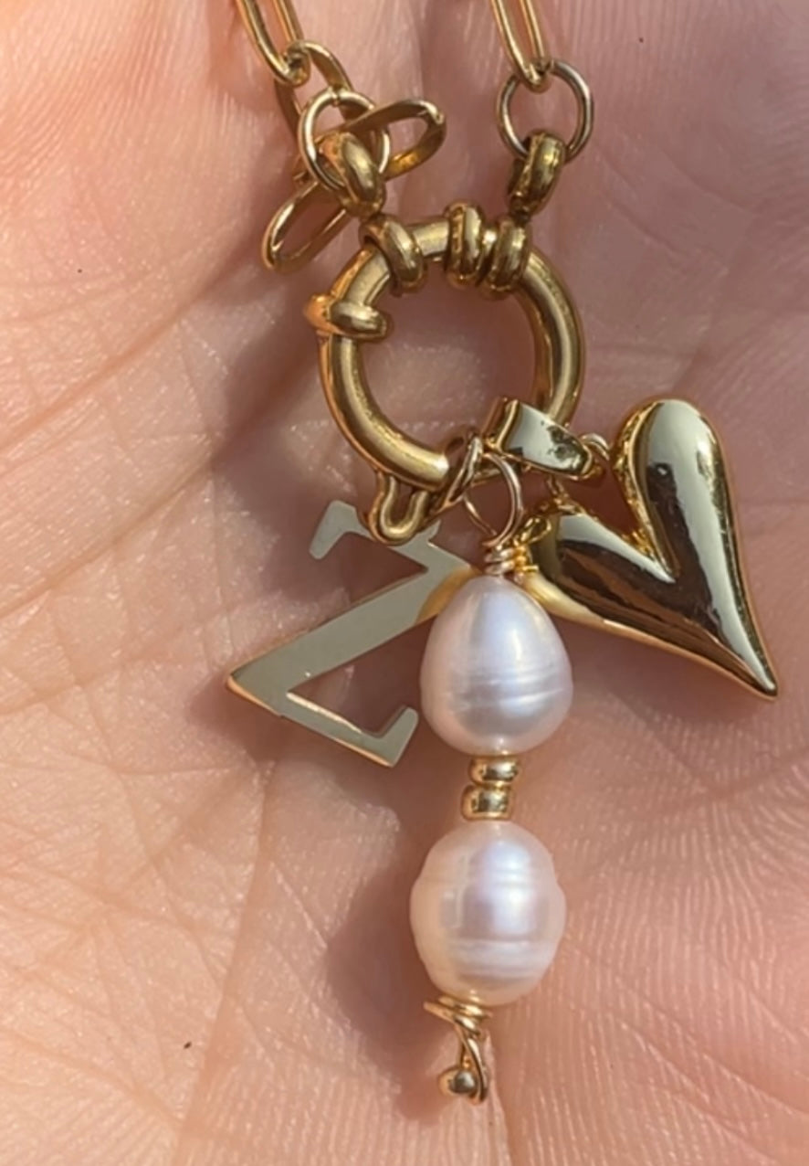 Momento Necklace: custom initial, pearls, & heart